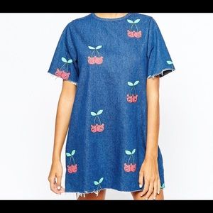 Lazy Oaf Denim Boxy T-Shirt Dress With Cherry Print
